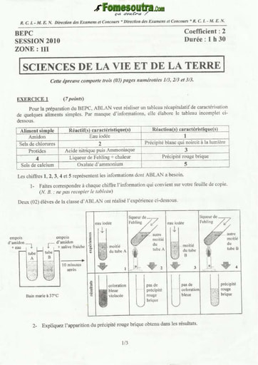 Sujet de SVT BEPC 2010 zone 3