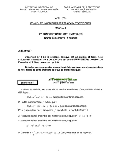 Sujet 1ère épreuve de maths ITS A 2009 (ENSAE - ISSEA)