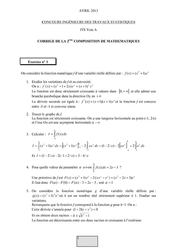 Corrigé 2ème épreuve de maths ITS A 2013 (ENSAE - ISSEA)