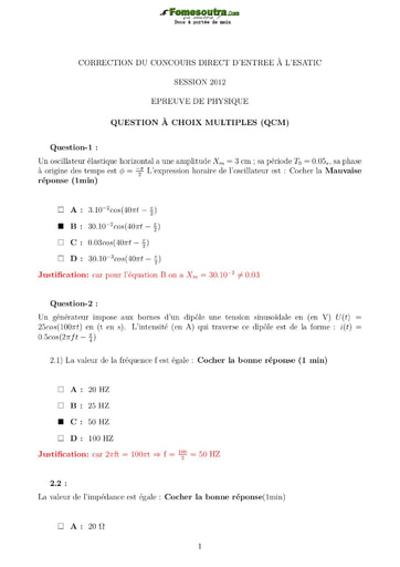 Sujet corrigé de Physique concours direct d’entrée à l'ESATIC session 2012