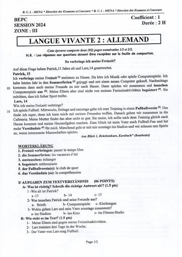 BEPC 2024 LV 2 ALLEMAND + barème ZONE 3 by Tehua
