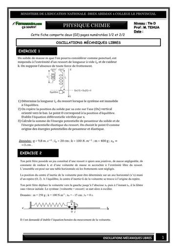 FICHE DE TRAVAUX DIRIGES PC Tle D OSCILLATIONS MÉCANIQUES LIBRES BY TEHUA