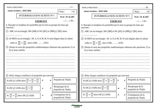 INTERROGATION DE MATHS niveau 3ème (propriété de Thalès) N°3 by TEHUA