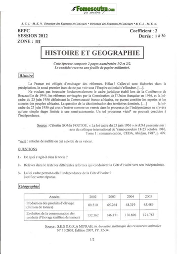 Sujet d' Histoire Geo BEPC 2012 Zone 3