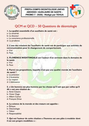 50 QUESTIONS PREPA COMPO DEONTOLOGIE INFAS AS ABOISSO 2026 BY TEHUA
