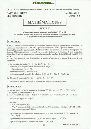 Sujet de Maths BAC C 2012