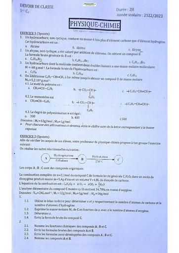 Sujet de Physique-Chimie Première C Lycée Classique Abidjan  2023