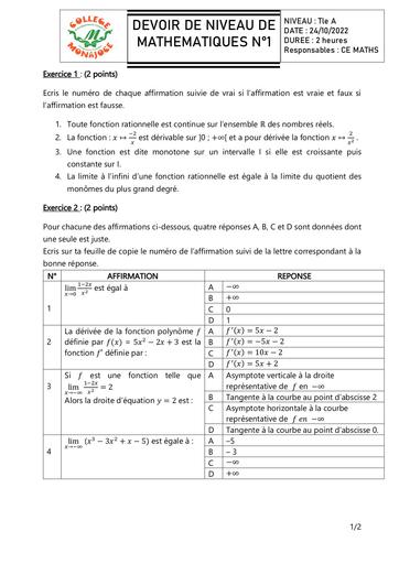 DEVOIR NIVEAU 1 Tle A MATHS 2022 By DJAHA