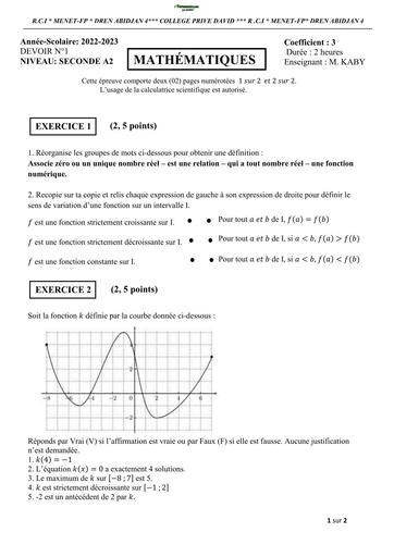 DEVOIR DE MATHS NIVEAU 2nde A2 CP DAVID 2023 BY TEHUA