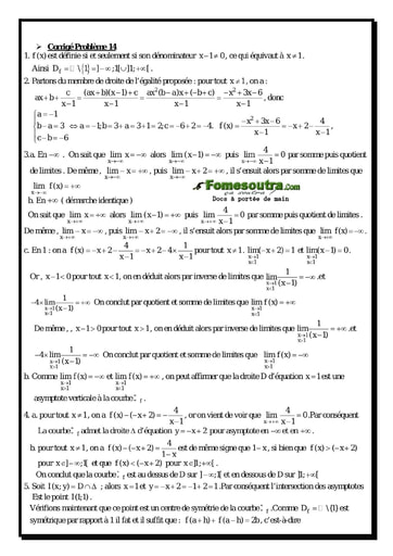 Corrigé Problème (14) Etude d'une fonction rationnelle - Maths Terminale D