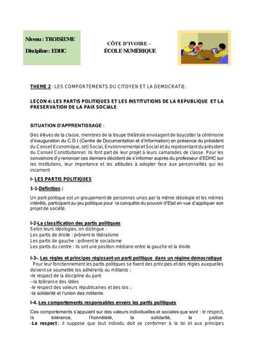 EDHC 3ème L_4_LES PARTIS POLITIQUES ET LES INSTITUTIONS DE LA REPUBLIQUE  ET LA PRESERVATION DE LA PAIX SOCIALE by Tehua.pdf
