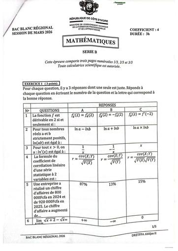 BAC blanc MARS 2026 MATHS SERIE B SUJET Drena By TEHUA