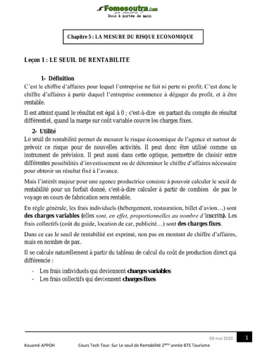 Cours sur le seuil de Rentabilité - BTS Tourisme 2ème année