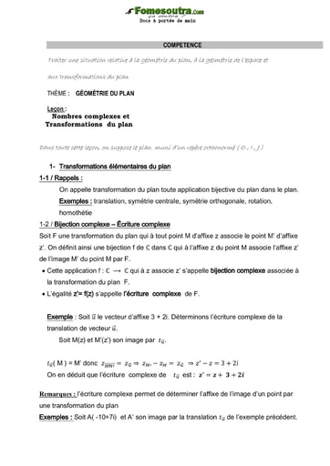 Nombres complexes et Transformations du plan niveau Terminale