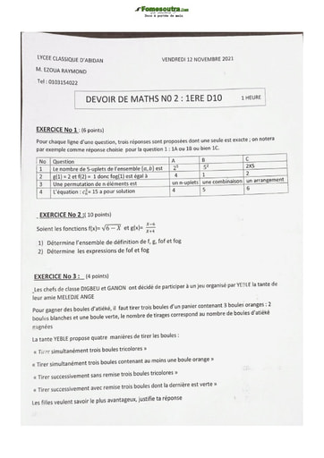 Sujet de Mathématique Première D 2021 Lycée Classique Abidjan