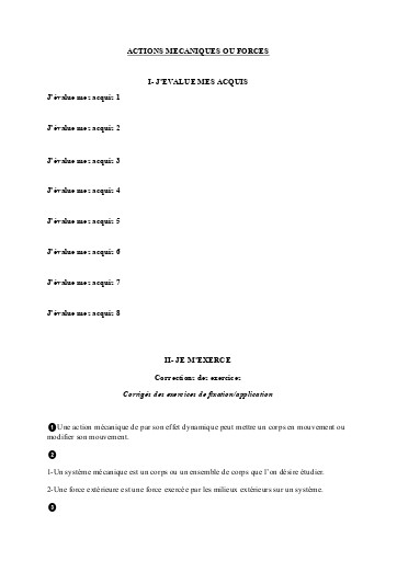 Corrigé Leçon 2 Actions mécaniques