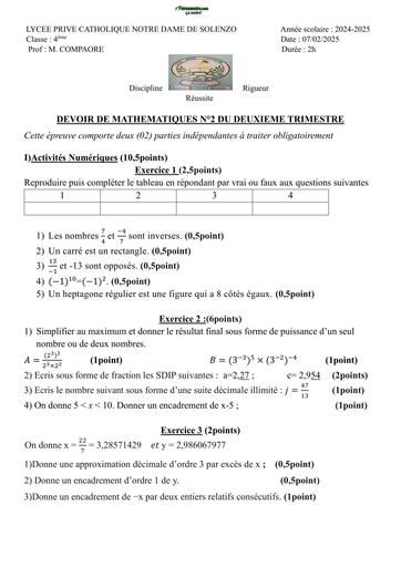 DEVOIR DE MATHS NIVEAU 4ième LPCNDS DE OUAGA N°2 TRIMESTRE 2 BY TEHUA