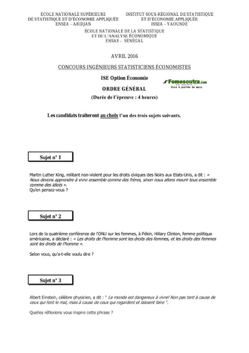 Sujet d'ordre générale ISE option Economie 2016 (ENSEA - ISSEA - ENSAE)