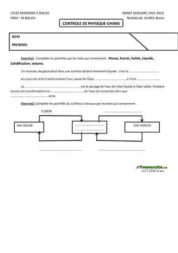 Contrôle de Physique-Chimie niveau 4eme - Lycée Moderne 5 Daloa