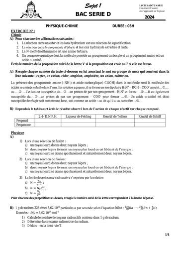SUJET 1 prepa bac 2024 PC Lycée SAINTE MARIE de Cocody by Tehua
