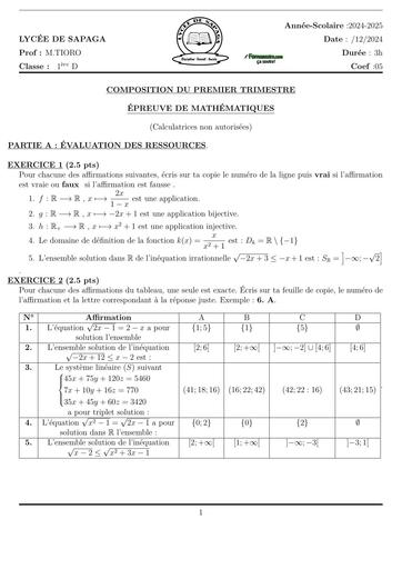 SUJET DE MATHS 1ière D TRIMESTRE 1 2024 LYCEE DE SAPAGA BY TEHUA