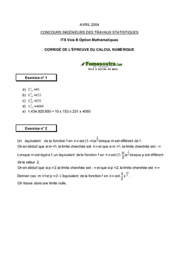 Corrigé Calcul numérique ITS B option Maths 2004 (ENSEA)