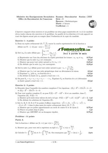 MINESEC Maths TleD Bacc 2008