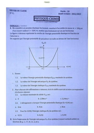 Sujet de Physique-Chimie Première C Lycée Classique Abidjan 22-23