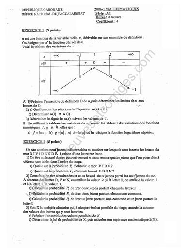 MATHS SUJET ET CORRIGE BAC 2006 SERIE A1 GABON DJAHASHIKAN