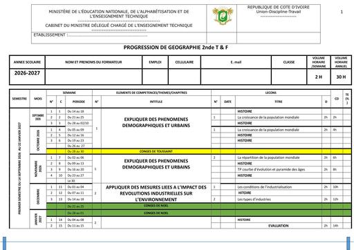 PROGRESSION GEOGRAPHIE 2026 27 SECONDE T et F by TEHUA