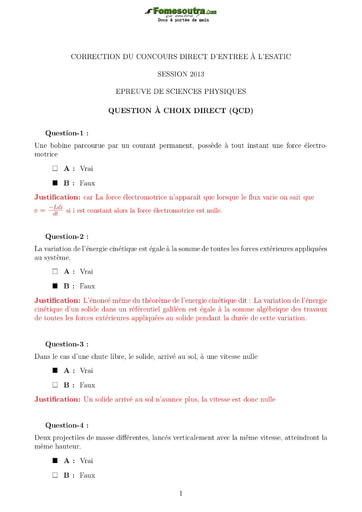 Sujet corrigé de Physique concours direct d’entrée à l'ESATIC session 2013