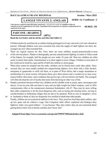 BAC BLANC REGIONAL MARS 2025 DREN ABENGOUROU  LV2 ANGLAIS SUJET BY TEHUA