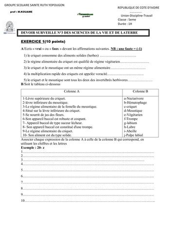 SUJET 5ième DEVOIR SVT SAINTE RUTH DE YOP BY TEHUA