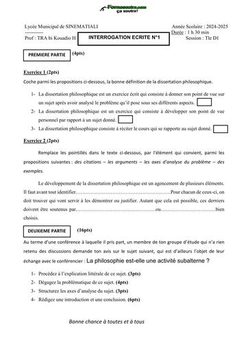 DEVOIR DE PHILO Tle D N°1 Lycée Municipal de SINEMATIALI by TEHUA
