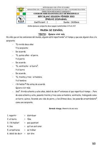 Cours du Soir Team Intellect de BINGERVILLE / BEPC BLANC ESPAGNOL