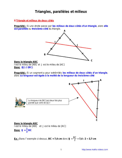 Triangles, parallèles et milieux - Cours maths niveau 4eme