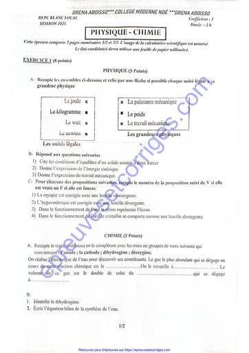 SUJET ET CORRIGÉ BEPC BLANC 2025 PHYSIQUE CHIMIE  DRENA ABOISSO BY TEHUA