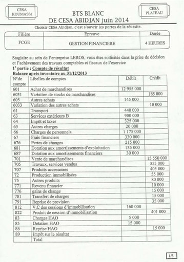 Sujet de Gestion financière BTS blanc Filière FCGE - CESA Koumassi 2014