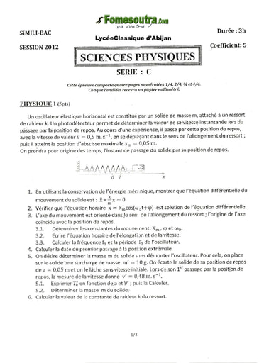 Sujet de Physique-Chimie BAC blanc série C Lycée Classique de Cocody 2012