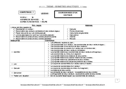 Fiche de cours Maths 3ième Leçon 9 Coordonnées de Vecteurs by TEHUA
