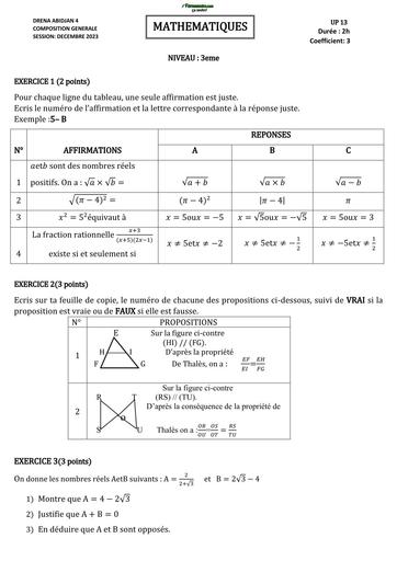 COMPOSITION DE FIN DE TRIMESTRE DE MATHS NIVEAU 3ième DECEMBRE 2023 UP13 by TEHUA