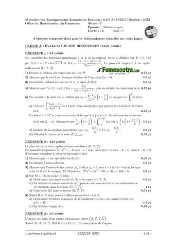 MINESEC Maths TleC Bacc 2023