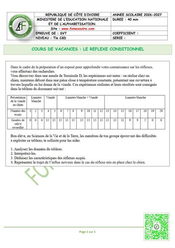 COURS DE VACANCES SVT Tle SUJET 4 (LE REFLEXE CONDITIONNEL) BY TEHUA