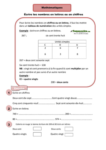 Écrire les nombres en lettres ou en chiffres - Cours CE1