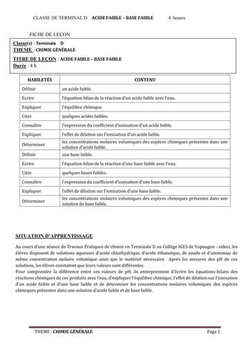 FICHE DE COURS CHIMIE Tle D L3 ACIDE FAIBLE   BASE FAIBLE