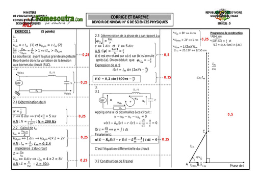 Corrigé Devoir 1 Physique-Chimie niveau Terminale D lycée moderne Dimbokro