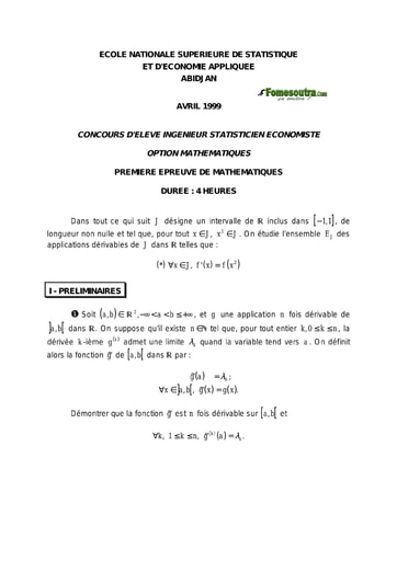 Sujet 1ère épreuve de maths ISE option maths 1999 (ENSEA)