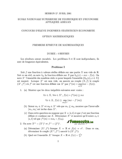 Sujet 1ère épreuve de maths ISE option maths 2001 (ENSEA)
