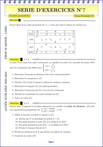 TD Maths Tle C&E Courbes paramétrées by Tehua