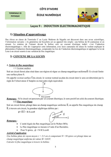 Sujet de Physique-Chimie Terminale CE Induction électromagnétique